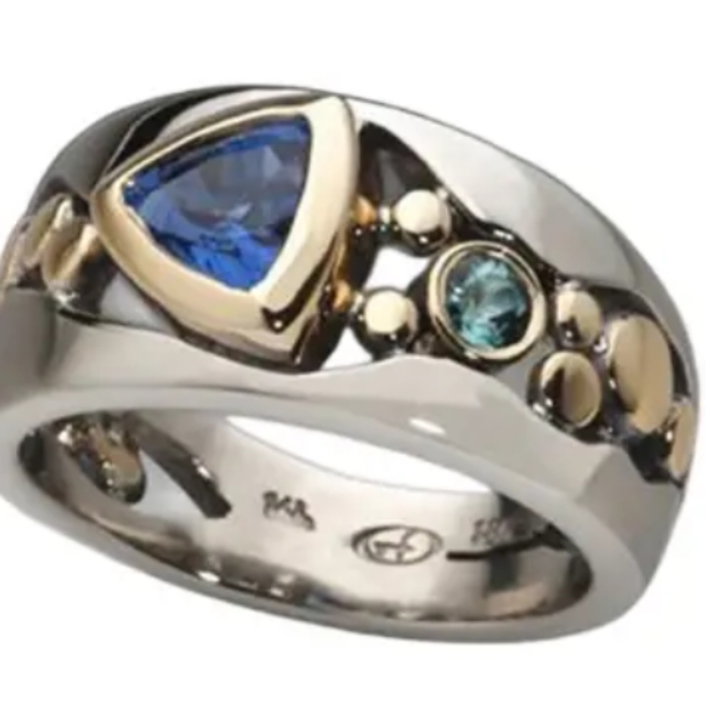 Women's sterling silver band ring size 7 gold color accents blue & green topaz